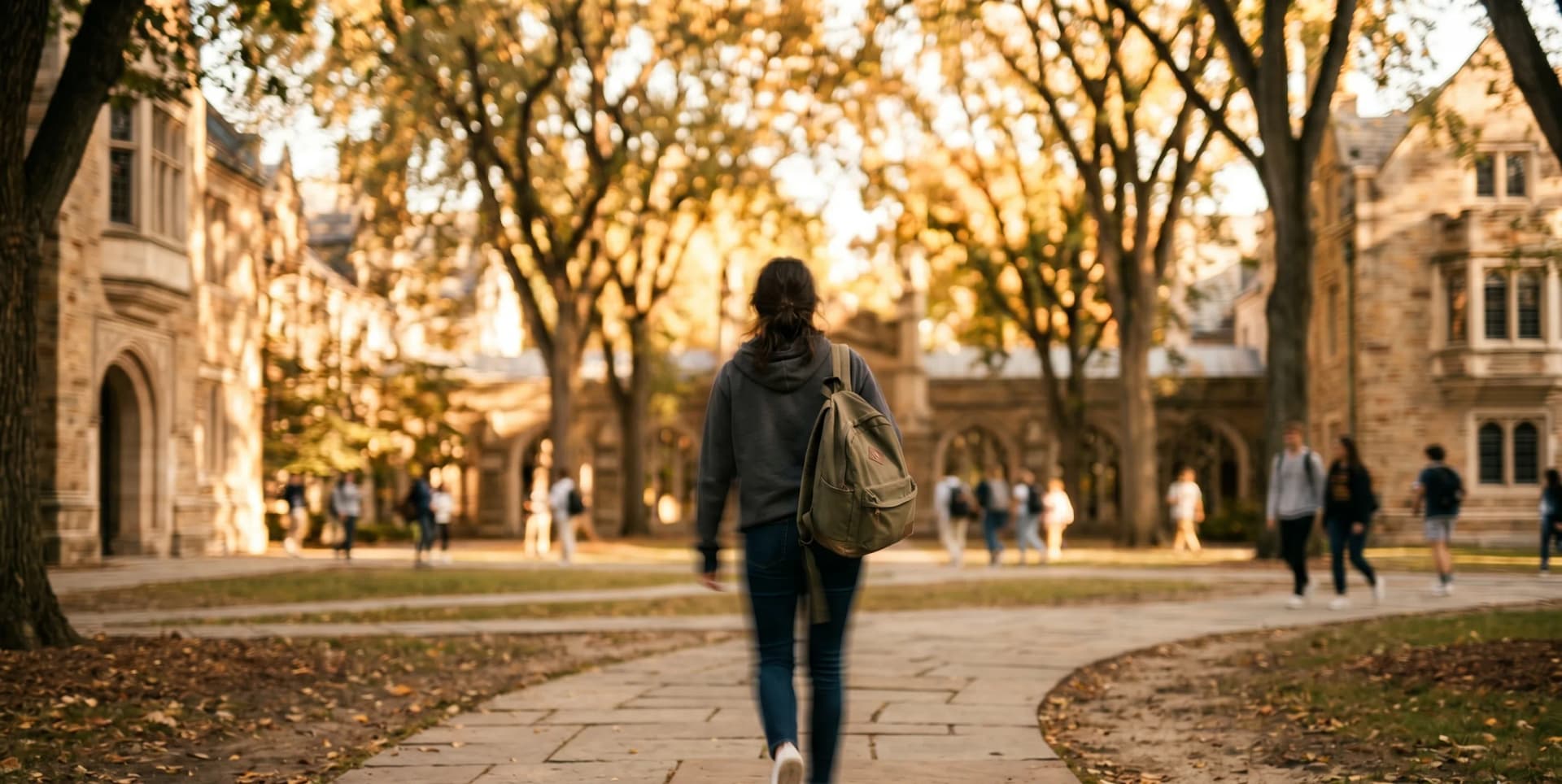 A student walking through a sunlit campus at golden hour